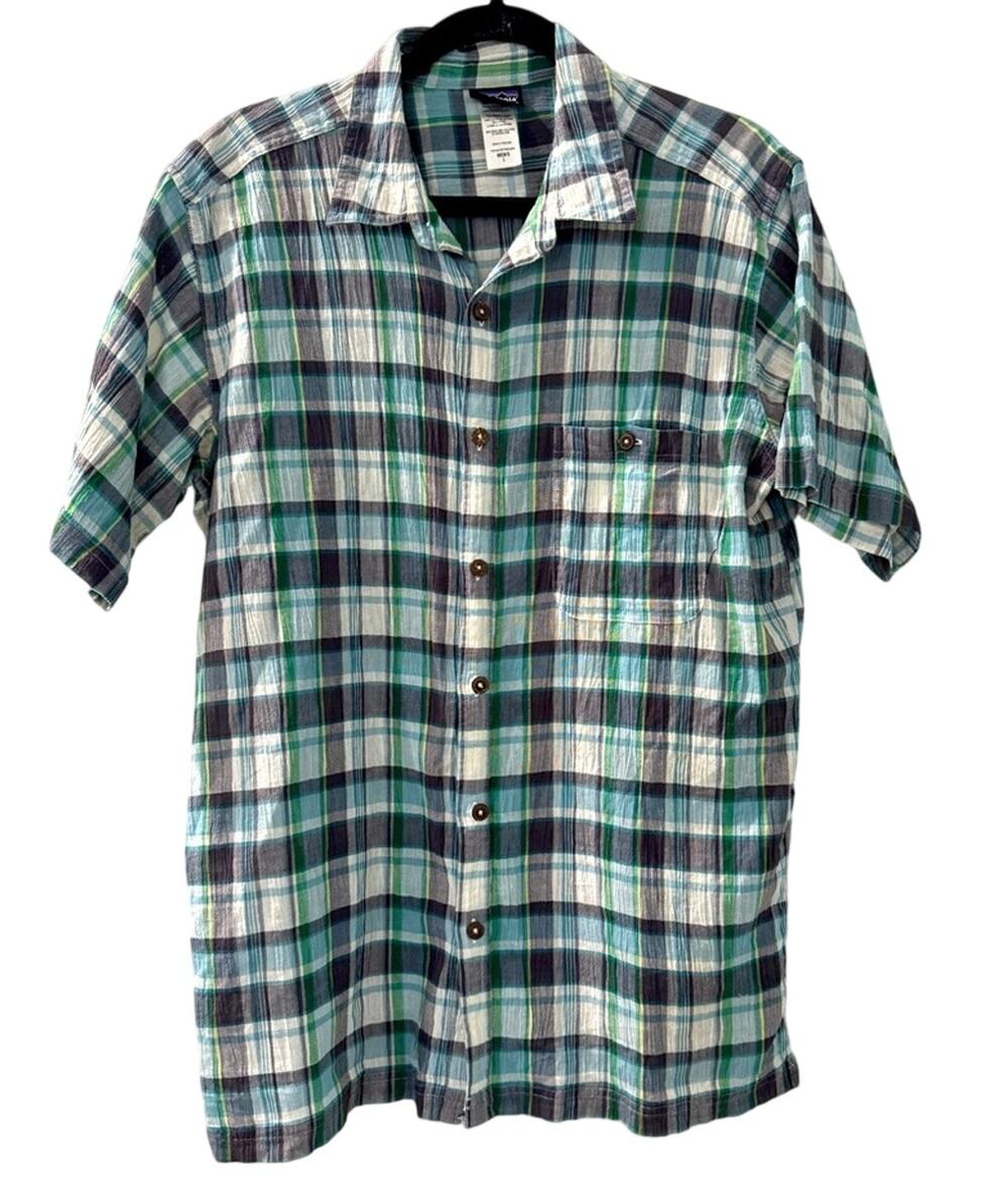 Patagonia Mens L Organic Cotton Plaid Short Sleeve Camp Shirt Blue Green